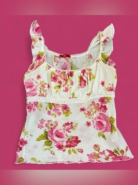 Floral Ruffle-Trim White & Pink Sleeveless Blouse